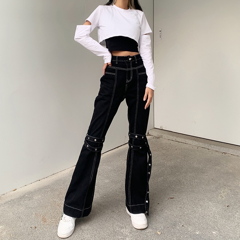 ؿ]Lace-up decorative trousers 2021 spring foreign trade new style womens trousers high-waisted open-line thin casual jeans